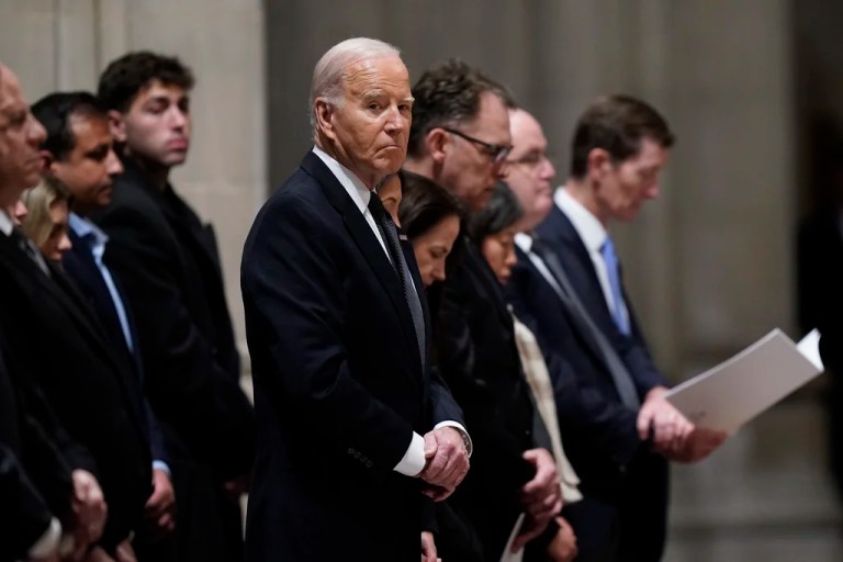 President Joe Biden attends a memorial service for Supreme Court Justice Sandra Day O'Connor, at the National Cathedral in Washington, Tuesday, Dec. 19, 2023. O'Connor was the first woman to serve on the Supreme Court and died Dec. 1 at the age of 93.