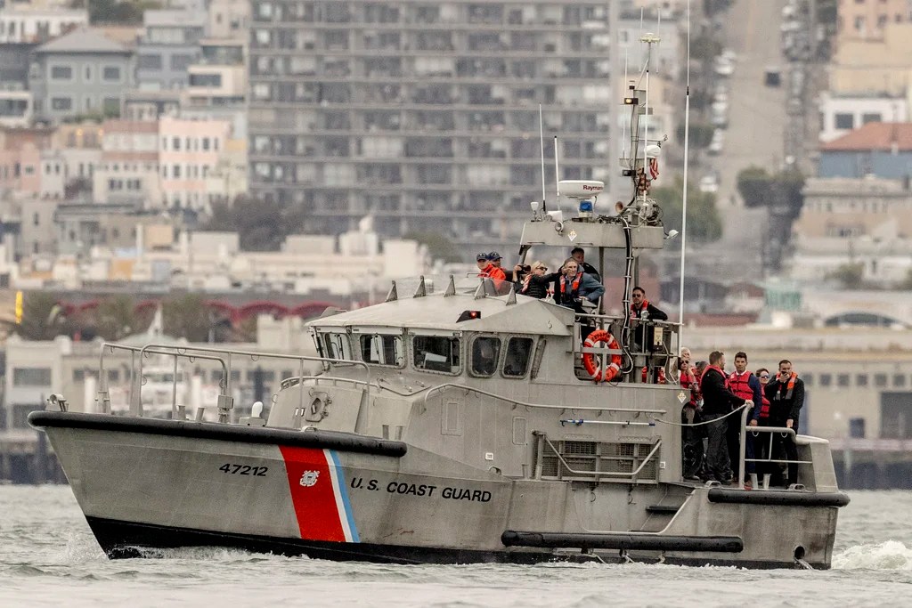 A Coast Guard motor lifeboat carrying a delegation with Attorney General Pam Bondi and Interior Secretary Doug Burgum is seen during a visit to Alcatraz Island in San Francisco, Thursday, July 17, 2025.