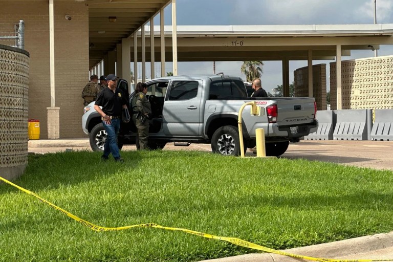 Officials work the scene of a shooting at a border patrol facility in McAllen, Texas, Monday, July 7, 2025.