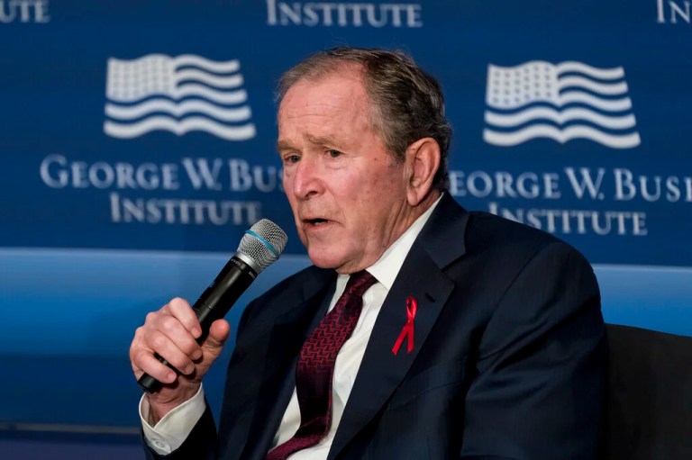 Former President George W. Bush speaks during an event to mark the 20th anniversary year of the President's Emergency Plan for AIDS Relief at the U.S. Institute of Peace in Washington, Friday, Feb. 24, 2023.