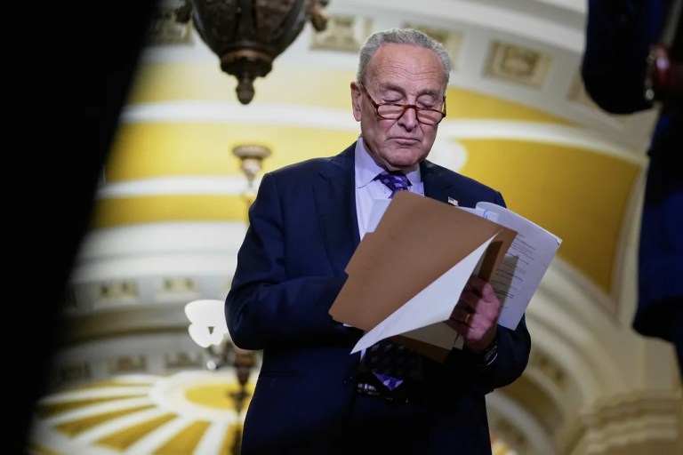 Sen. Minority Leader Chuck Schumer (D-NY) is seen during a news conference after a policy luncheon on Wednesday, July 9, 2025, at the Capitol in Washington.