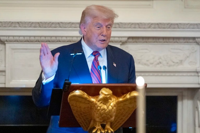 President Donald Trump speaks during a dinner for Republican senators in the State Dining Room of the White House, Friday, July 18, 2025, in Washington.