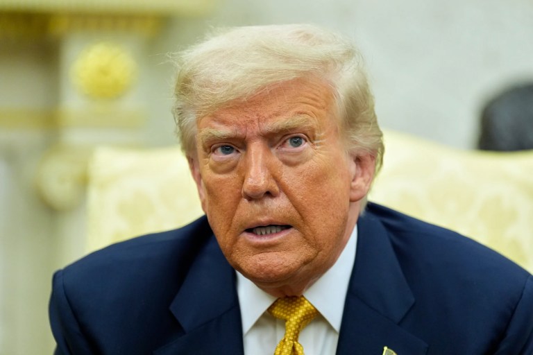 President Donald Trump speaks during a meeting with Bahrain's Crown Prince Salman bin Hamad Al Khalifa.
