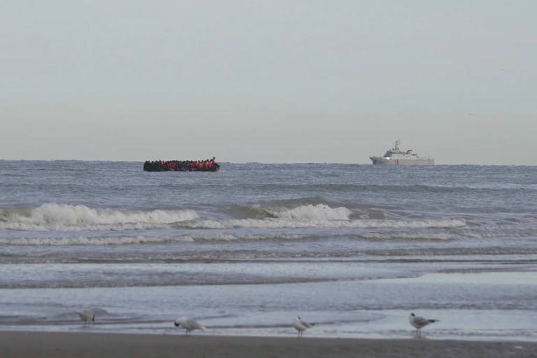 A French Navy vessel sails by a 