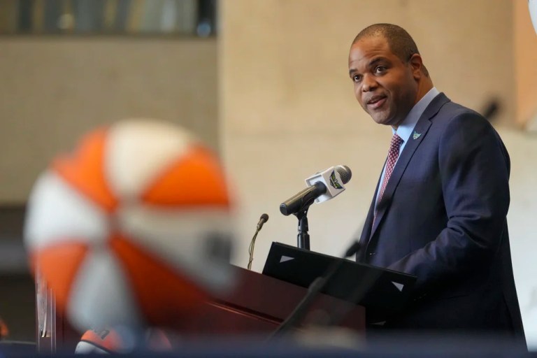 Dallas Mayor Eric Johnson speaks during an introductory press conference for the Dallas Wings' WNBA basketball draft selections Wednesday, April 23, 2025, in Dallas.