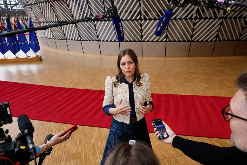 Denmark's Minister for European Affairs Marie Bjerre speaks with the media as she arrives for a meeting of the general affairs ministers at the European Council building in Brussels, Tuesday, May 27, 2025.
