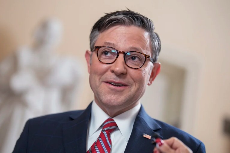 Speaker of the House Mike Johnson, R-La., pauses for a reporters as he heads to the chamber for the final votes of the week, as President Donald Trump's sweeping domestic policy bill lingers in the Senate, awaiting consensus from divided Republicans, at the Capitol in Washington, Friday, June 27, 2025. (AP Photo/J. Scott Applewhite)