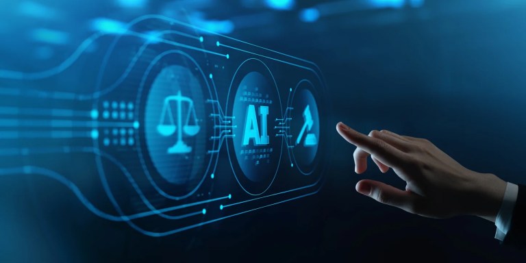 Businessman Pressing Button Touches Virtual Screen with Artificial intelligence AI, Justice Scales, and Judge's Gavel.