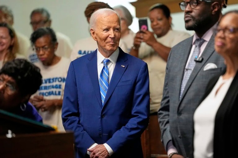 Former President Joe Biden gets ready to speak during a Juneteenth event at the Reedy Chapel AME Church, Thursday, June 19, 2025, in Galveston, Texas.