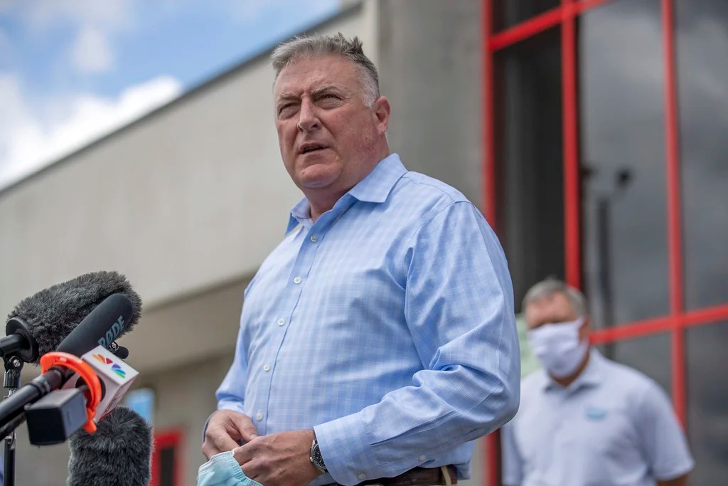 Georgia Insurance and Safety Fire Commissioner John King makes a statement and answers questions from the media following a tour of Fieldale Farms while visiting Gainesville, Ga., May 15, 2020.