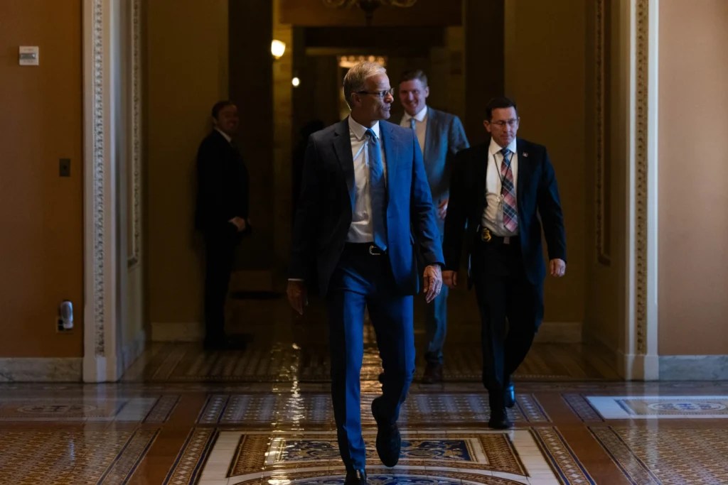 Senate Majority Leader John Thune (R-SD) speaks to reporters at the Capitol on Monday, June 30, 2025 as the Senate debates President Donald Trump's "one, big beautiful" bill.