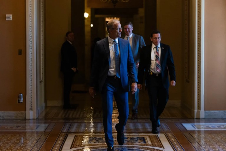 Senate Majority Leader John Thune (R-SD) speaks to reporters at the Capitol on Monday, June 30, 2025 as the Senate debates President Donald Trump's 