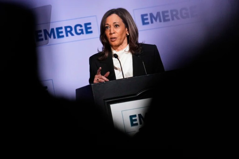 Former Vice President Kamala Harris delivered a short, two-minute pump up speech to young Democratic organizers at the Voters of Tomorrow 2025 Fight For Our Future Summit.