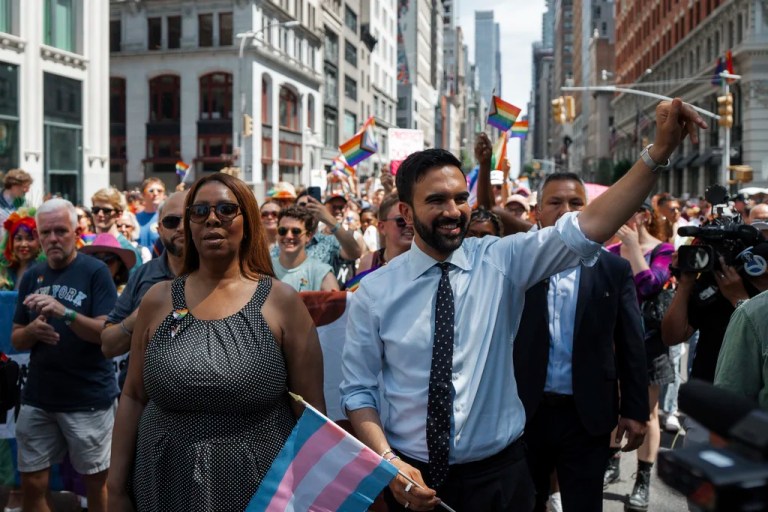Democratic mayoral candidate Zohran Mamdani, right, and Attorney General of New York Letitia James walk in the NYC Pride March, Sunday, June 29, 2025, in New York. (AP Photo/Olga Fedorova)
