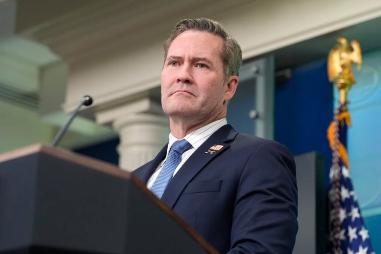 White House National Security Adviser Mike Waltz listens to a question from a reporter in the James Brady Press Briefing Room at the White House in Washington, Feb. 20, 2025.