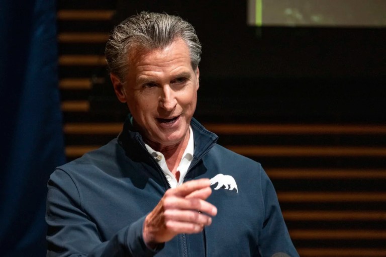 Gov. Gavin Newsom (D-CA) speaks at Pasadena City College on the six-month anniversary of the Eaton and Palisades fires, Monday, July 7, 2025, in Pasadena, California.