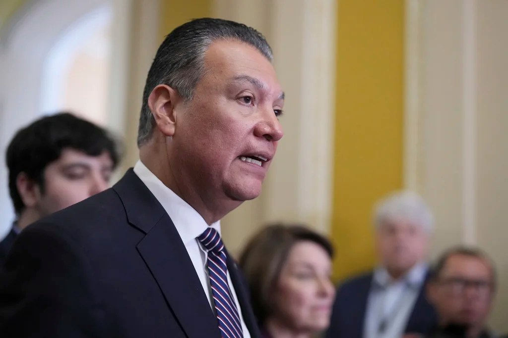 Sen. Alex Padilla, D-Calif., speaks to reporters after he delivered remarks on the Senate floor earlier rebuking the Trump administration's "militarization" of Los Angeles after he was forcibly removed and briefly detained by DHS and Secret Service agents from an immigration press conference hosted by Secretary of Homeland Security Kristi Noem last week, at the Capitol in Washington, Tuesday, June 17, 2025.