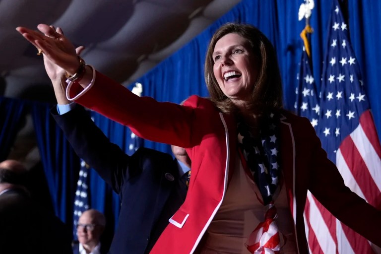 South Carolina Lt. Gov. Pamela Evette walks from the stage after President Donald Trump spoke at a primary election night party at the South Carolina State Fairgrounds in Columbia, South Carolina, Saturday, Feb. 24, 2024.