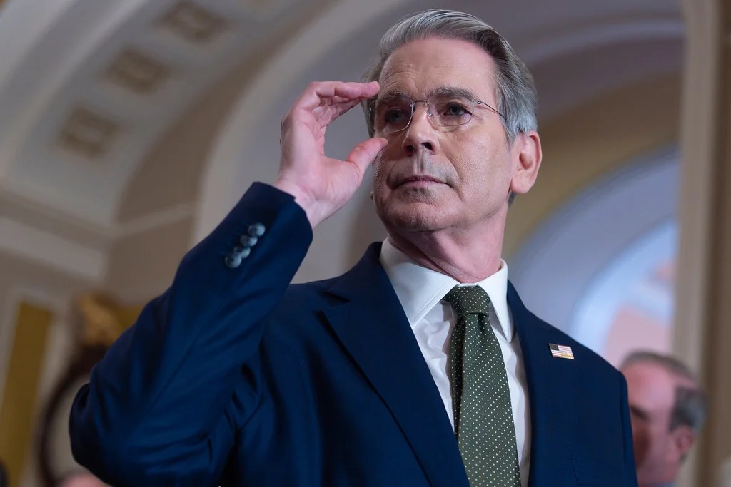 Treasury Secretary Scott Bessent talks to reporters about his lunch meeting with Republican senators and the schedule for getting the Republican megabill to President Donald Trump's desk by July 4, at the Capitol in Washington, Tuesday, June 24, 2025.