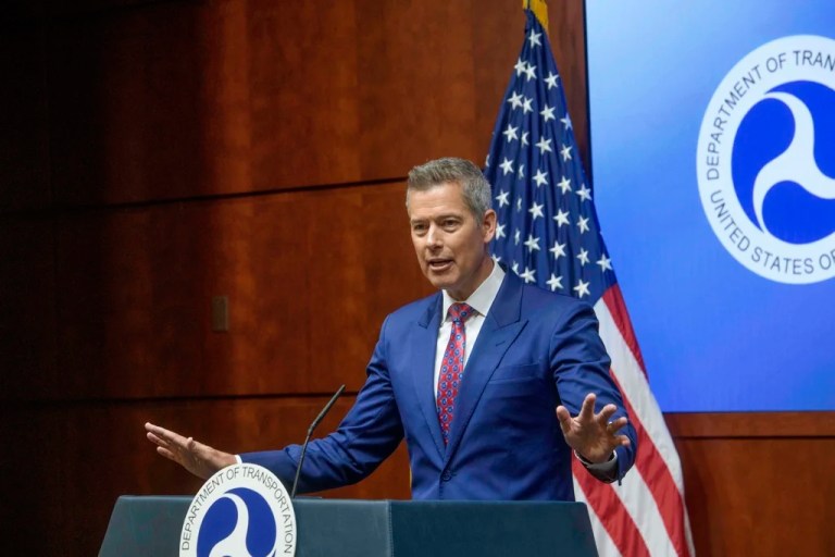 Secretary of Transportation Sean Duffy speaks during a news conference to provide a status update on Newark Liberty International Airport at the Department of Transportation in Washington, Wednesday, May 28, 2025.