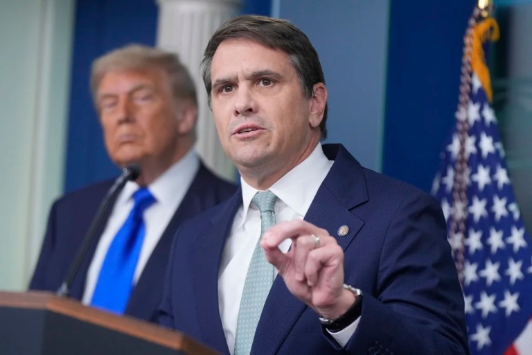 Deputy Attorney General Todd Blanche speaks to the media, Friday, June 27, 2025, in the briefing room of the White House in Washington, as President Donald Trump looks on.