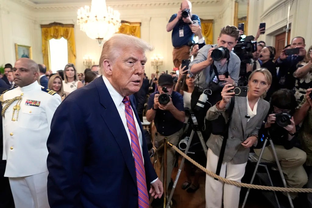 President Donald Trump departs after signing the GENIUS Act, a bill that regulates stablecoins, a type of cryptocurrency, in the East Room of the White House, Friday, July 18, 2025, in Washington. 