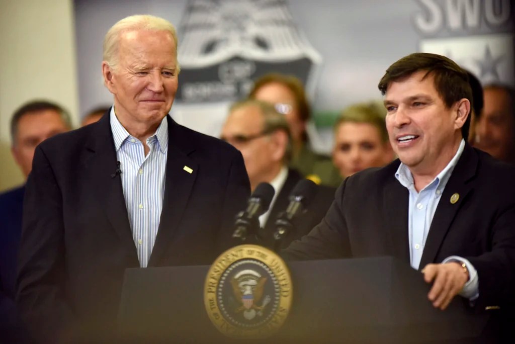 Rep. Vicente Gonzalez, D-Texas, right, delivers remarks as President Joe Biden looks on during a visit to the southern border, Thursday, Feb. 29, 2024, in Brownsville, Texas.