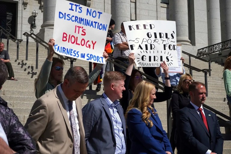 Lawmakers listen as parents speak about the prospect of their children competing against transgender girls in school sports at the Utah State Capitol on March 25, 2022, in Salt Lake City. A federal judge on Monday, June 17, 2024 temporarily blocked the Biden administration’s new Title IX rule expanding protections for LGBTQ+ students in six additional states, dealing another setback for a new policy that has been under legal attack by Republican attorneys general.