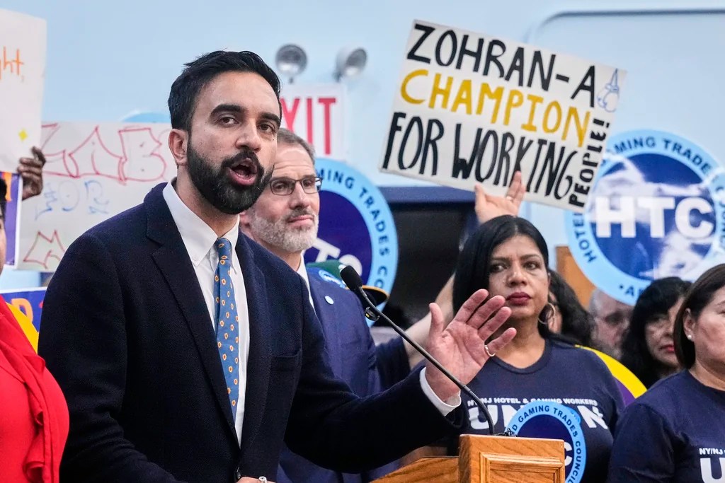 Democrat mayoral candidate Zohran Mamdani speaks during a rally at the Hotel & GamingTrades Council headquarters in New York, Wednesday, July 2, 2025.