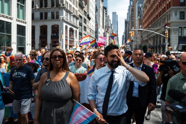 Democratic mayoral candidate Zohran Mamdani, right, and Attorney General of New York Letitia James walk in the NYC Pride March, Sunday, June 29, 2025, in New York.
