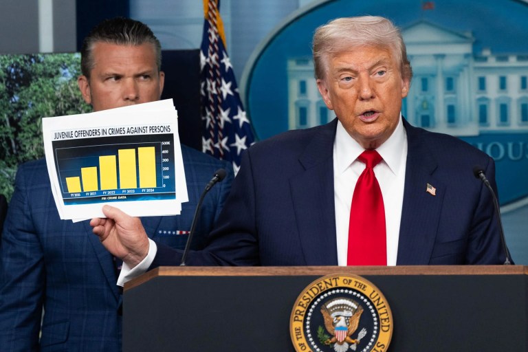 President Donald Trump speaks in the White House press briefing room on Aug. 11, 2025 about the federal takeover of Washington DC police. Defense Secretary Pete Hegseth is beside him. (Graeme Jennings/Washington Examiner)