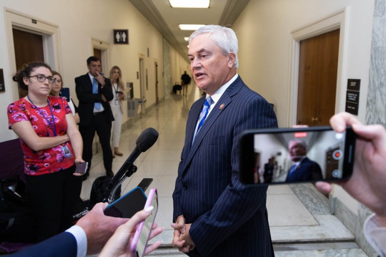 House Oversight Committee Chairman James Comer (R-KY) speaks to the press ahead of former White House Counsel Ian Sams's interview over former President Joe Biden's cognitive decline.