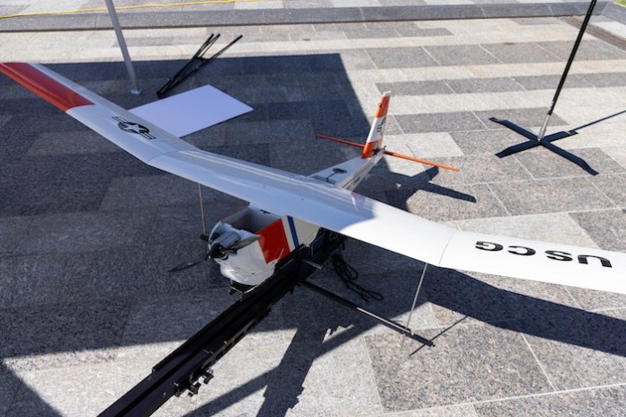 An autonomous drone on display at the US Coast Guard Robotics and Autonomous Systems (RAS) Expo. RAS showcased a variety of surface, air and undersea autonomous systems used by the Coast Guard, at the Coast Guard Headquarters in Washington D.C., Tuesday, August 26, 2025.