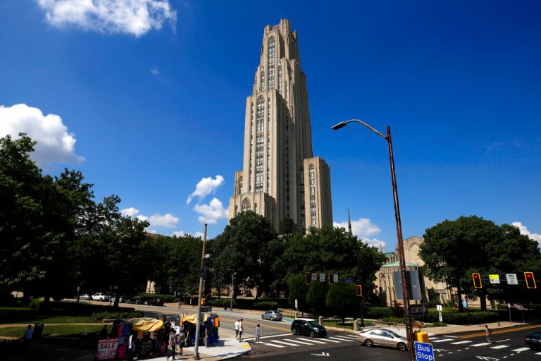 The Cathedral of Learning towers over the University of Pittsburgh campus in the Oakland section on Monday, July 8, 2019.