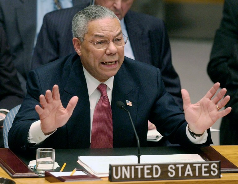 Former Secretary of State Colin Powell addresses the United Nations Security Council Wednesday, Feb. 5, 2003, at U.N. headquarters. Powell, former Joint Chiefs chairman and secretary of state, has died from COVID-19 complications. In an announcement on social media Monday, Oct. 18, 2021 the family said Powell had been fully vaccinated. He was 84.