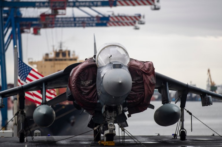 A view of a Harrier Jet on the deck of Wasp-class amphibious assault ship USS Kearsarge of the U.S. Navy, at the seaport of Klaipeda, Lithuania, Monday, Aug. 22, 2022.