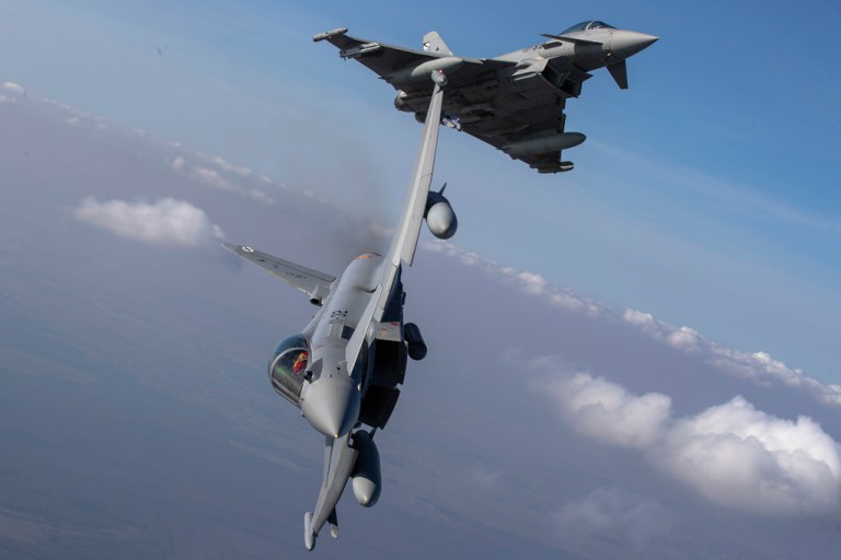 Spanish Air Force Eurofighter Typhoon military fighter jets participating in NATO's Baltic Air Policing Mission operate in Lithuanian airspace, Tuesday, Sept.12, 2023.