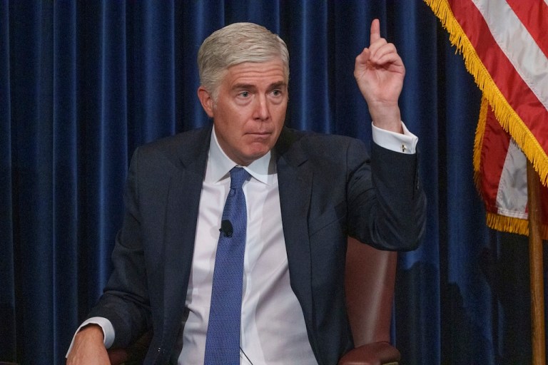 U.S. Supreme Court Associate Justice Neil Gorsuch speaks at the Ronald Reagan Presidential Library Foundation in Simi Valley, Calif., on Thursday, Aug. 8, 2024. (AP Photo/Damian Dovarganes)