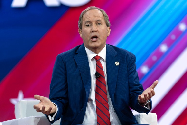 Texas Attorney General Ken Paxton speaks during the Conservative Political Action Conference at the National Harbor in Oxon Hill, Maryland, Friday, Feb. 23, 2024.