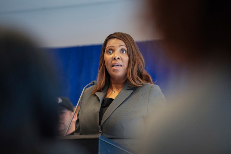 Attorney General Letitia James speaks during a press conference at the Office of the New York State Attorney General on February 24, 2025. (Maureen Adarve/STAR MAX via AP)