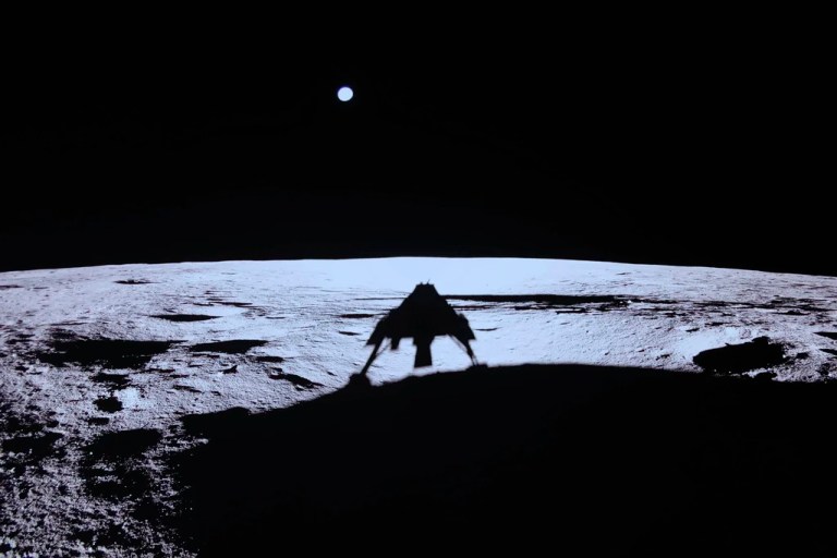 Private lunar lander Blue Ghost's shadow is seen on the moon's surface after touching down on the moon with a special delivery for NASA, Sunday, March 2, 2025.