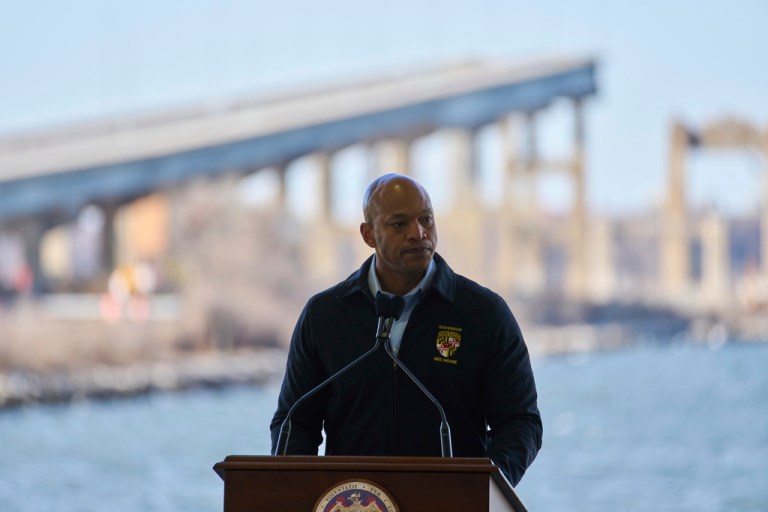 Maryland Gov. Wes Moore speaks during a commemoration service on the one-year anniversary of the collapse of the Francis Scott Key Bridge, Wednesday, March 26, 2025, in Baltimore.