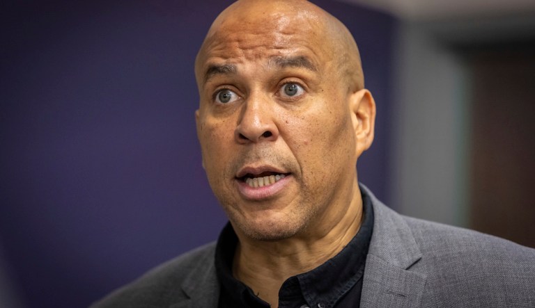 Sen. Cory Booker, D-N.J., speaks to reporters after a town hall event held at the Bergen Community College in Paramus on Saturday, April 5, 2025, in New Jersey. (AP Photo/Stefan Jeremiah)