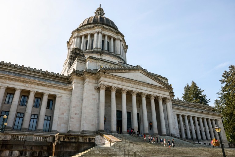 The exterior of the Washington State Capitol building is seen Friday, April 25, 2025, in Olympia, Wash.