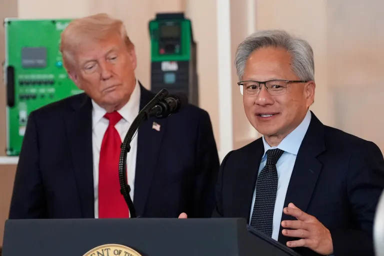 President Donald Trump listens as Nvidia CEO Jensen Huang speaks during an event about investing in America in the Cross Hall of the White House, Wednesday, April 30, 2025, in Washington. (AP Photo/Alex Brandon)