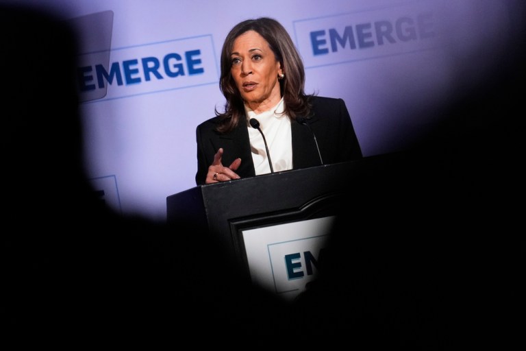Former Vice President Kamala Harris delivers the keynote speech at the Emerge 20th Anniversary Gala in San Francisco, Wednesday, April 30, 2025.