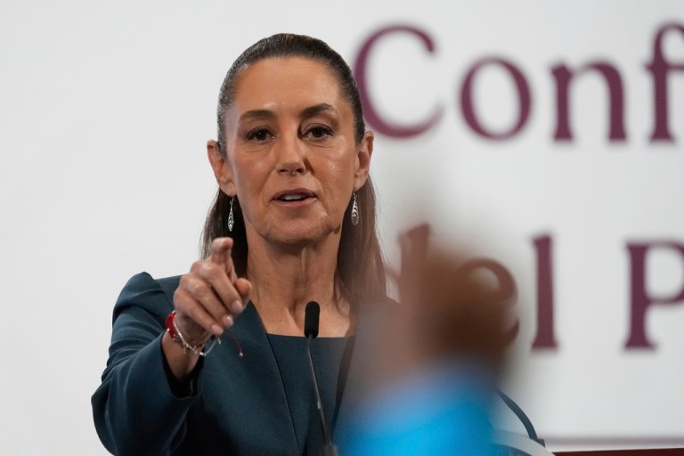 Mexico's President Claudia Sheinbaum gives a morning press conference, after a Mexican Navy boat crashed into a bridge in New York, at the National Palace in Mexico City, Monday, May 19, 2025.