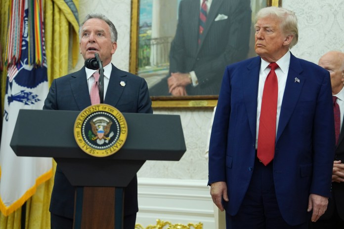 President Donald Trump, right, listens as White House special envoy Steve Witkoff, left, speaks during a swearing in ceremony for interim U.S. Attorney General for the District of Columbia Jeanine Pirro, Wednesday, May 28, 2025, in the Oval Office of the White House in Washington.