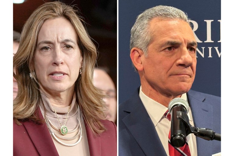 In this photo combo Rep. Mikie Sherrill (D-NJ), left, speaking during a news conference, Feb. 13, 2024, in Washington and former Assemblyman Jack Ciattarelli speaking, Feb. 4, 2025, at Rider University in Lawrenceville, New Jersey.