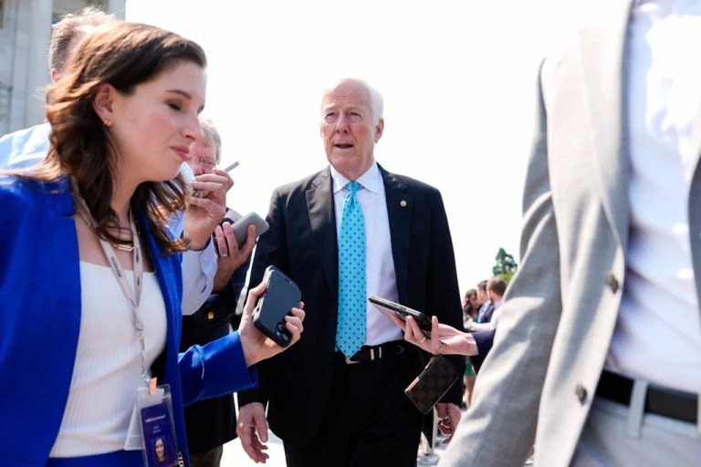 Sen. John Cornyn, R-Texas, walks to board a bus to the White House with other Senate Republicans for a meeting with President Donald Trump on his spending and tax bill, Wednesday, June 4, 2025, outside the U.S. Capitol in Washington. (AP Photo/Julia Demaree Nikhinson)